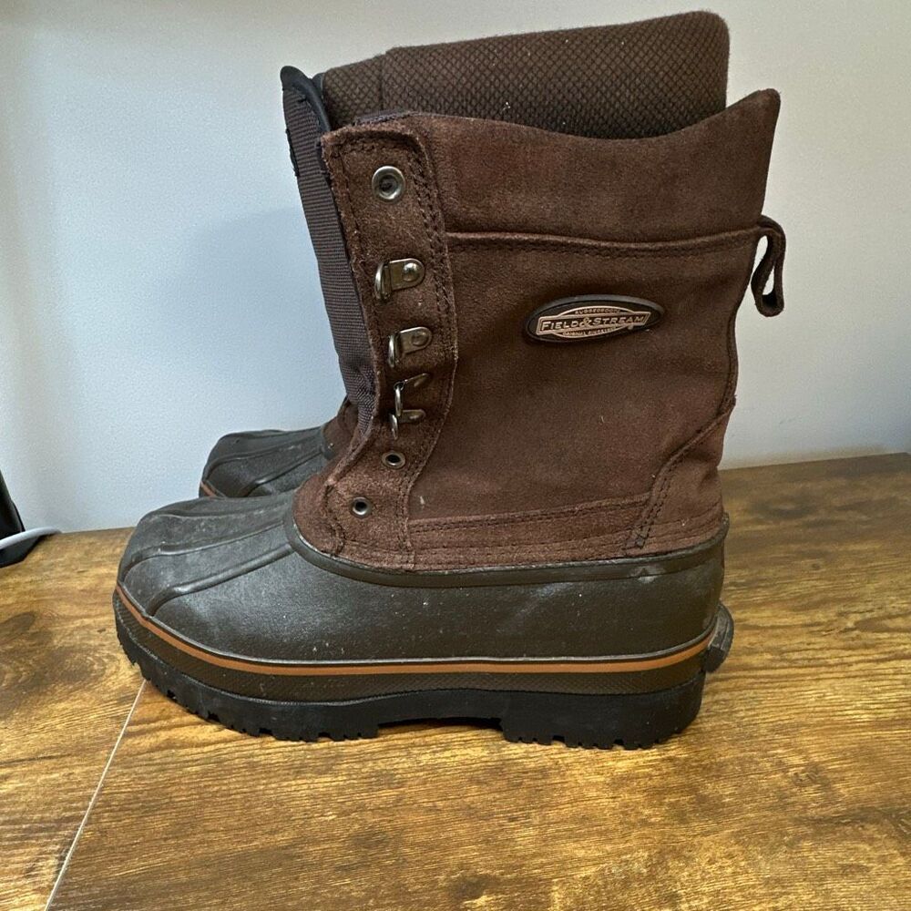 Field & Stream Duck Boots Brown Leather Round Toe Lace Up Thinsulate Lined Sz 10